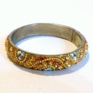 Eastern Indian Inspired Gold Tone Rhinestone Encrusted Bangle Bracelet